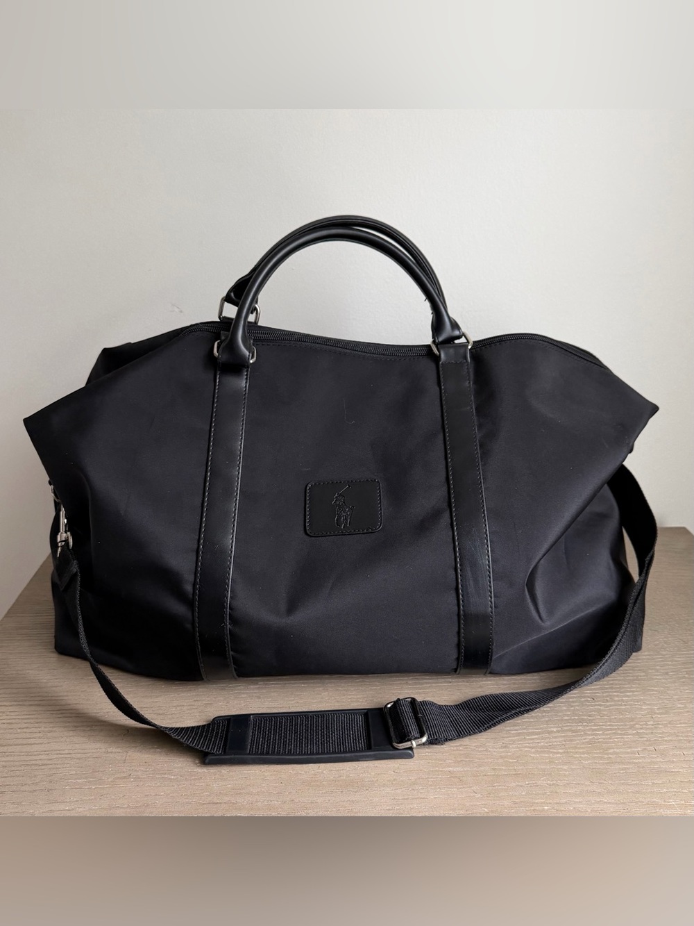 Ralph Lauren Black Nylon Solid Duffle Bag, Adjustable Strap, weekender bag